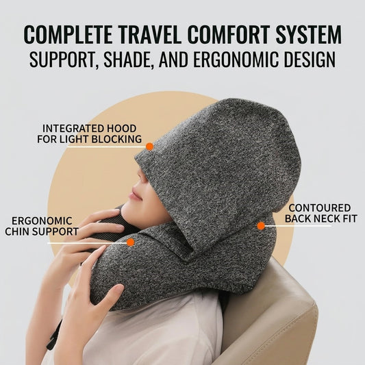 Ergonomic Memory Foam Travel Neck Pillow with Integrated Light-Blocking Hood & Compact Pouch