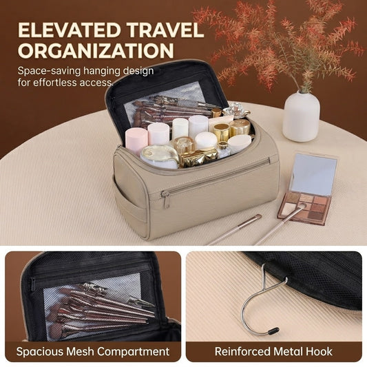 Vegan Leather Hanging Toiletry Bag - Water-Resistant Travel Cosmetic Organizer Case