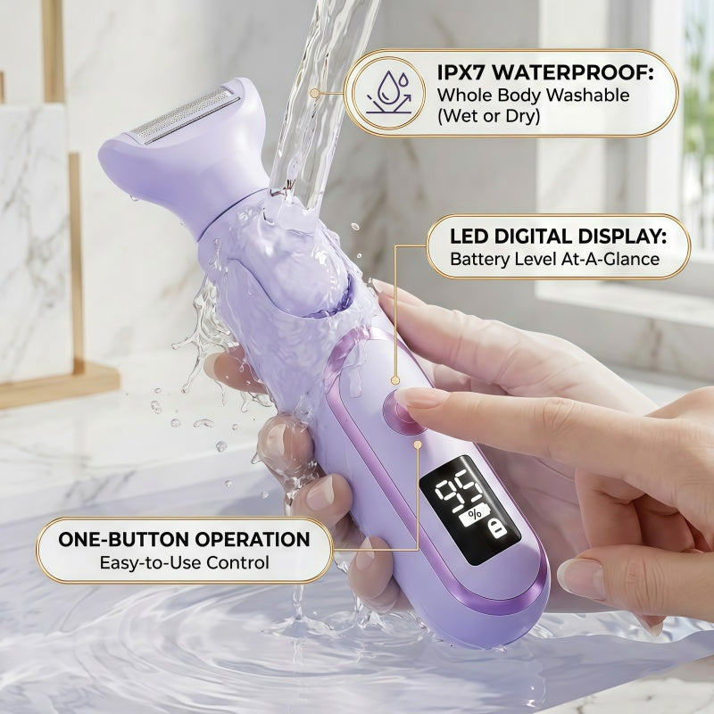 Women's 5-in-1 Electric Shaver & Grooming Kit - Cordless, IPX7 Waterproof, LED Display - Purple