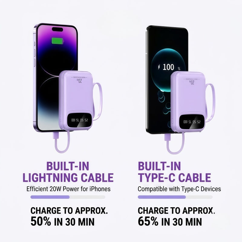 20W PD Fast Charging Portable Power Bank with Built-in Cables, LED Display & Flashlight