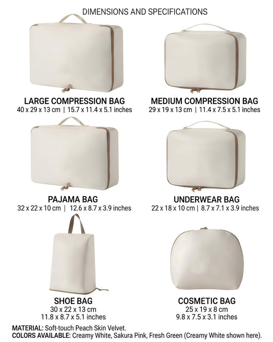 6-Piece Compression Packing Cubes Set for Travel Luggage - Water-Resistant Organizer Bags with Shoe and Cosmetic Pouch