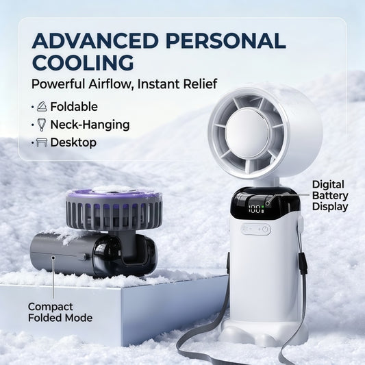 Portable Handheld Turbo Fan with Semiconductor Cooling Plate, 199 Stepless Speeds, 3000mAh Rechargeable Foldable Personal Desk Fan with LED Display