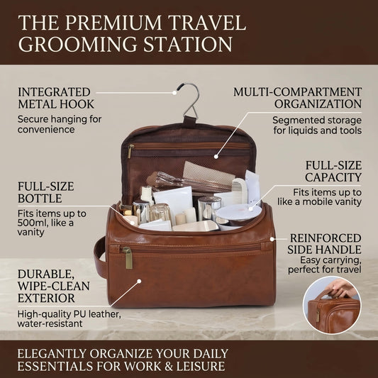 Large Capacity Hanging Toiletry Bag - Water-Resistant PU Leather Travel Organizer