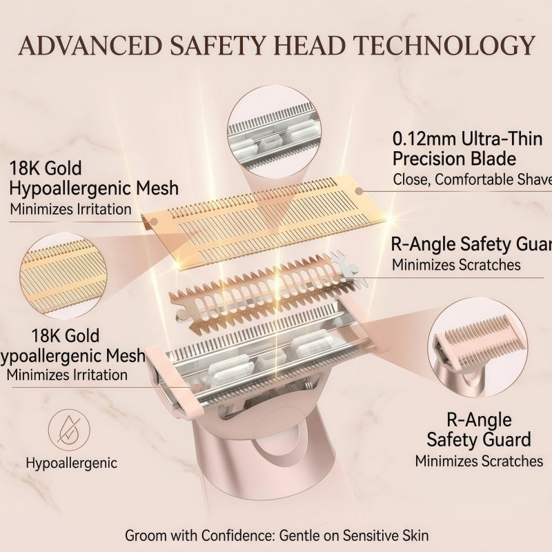 Rechargeable Electric Razor for Women - Hypoallergenic Full Body Hair Trimmer with LED Light & USB-C, Rose Gold