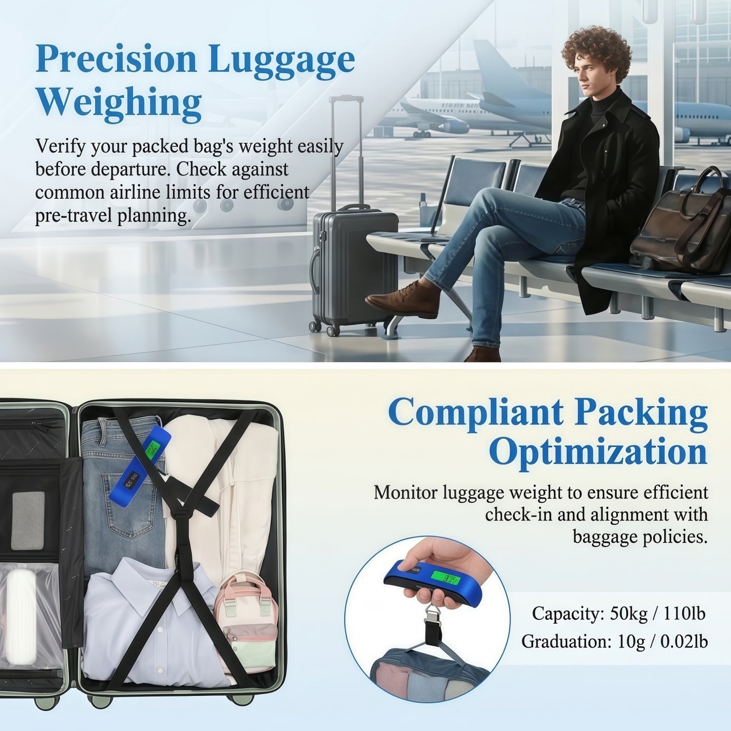 Portable Digital Luggage Scale for Travel, 110 lbs / 50 kg Capacity, Backlit LCD Display with Tare Function & Temperature Sensor