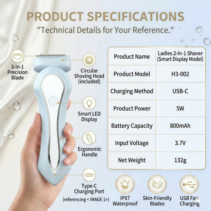 Women's 2-in-1 Electric Shaver & Facial Hair Trimmer - Wet/Dry, IPX7 Waterproof, USB-C Rechargeable