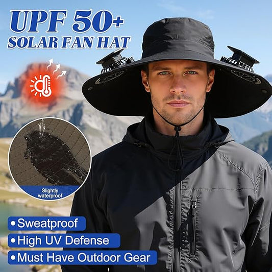 Unisex UPF 50+ Wide Brim Solar Cooling Fan Sun Hat with USB Charging & Breathable Mesh