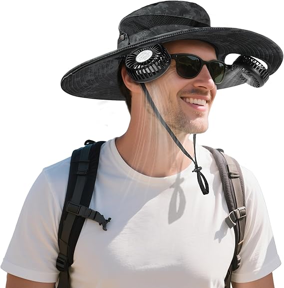 2-in-1 Wide Brim Solar Fan Sun Hat - UPF 50+ Waterproof Outdoor Cooling Neck Fan Hat for Hiking, Fishing & Camping