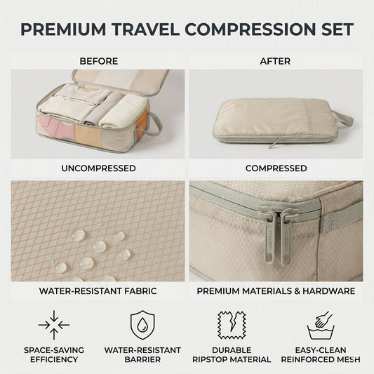 10-Piece Travel Compression Packing Cubes Set - Water-Resistant Ripstop Luggage Organizers - Khaki