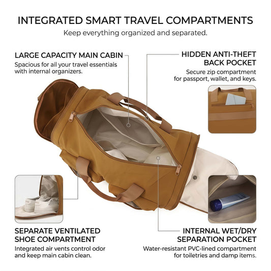 Foldable Travel Duffel Bag with Shoe Compartment & Wet Pocket, Water-Resistant Nylon Weekender Gym Bag - Brown