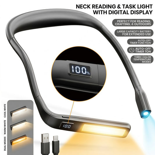 Rechargeable LED Neck Reading Light with Power Display – Hands-Free Neck Light for Crafting, Camping & Night Reading
