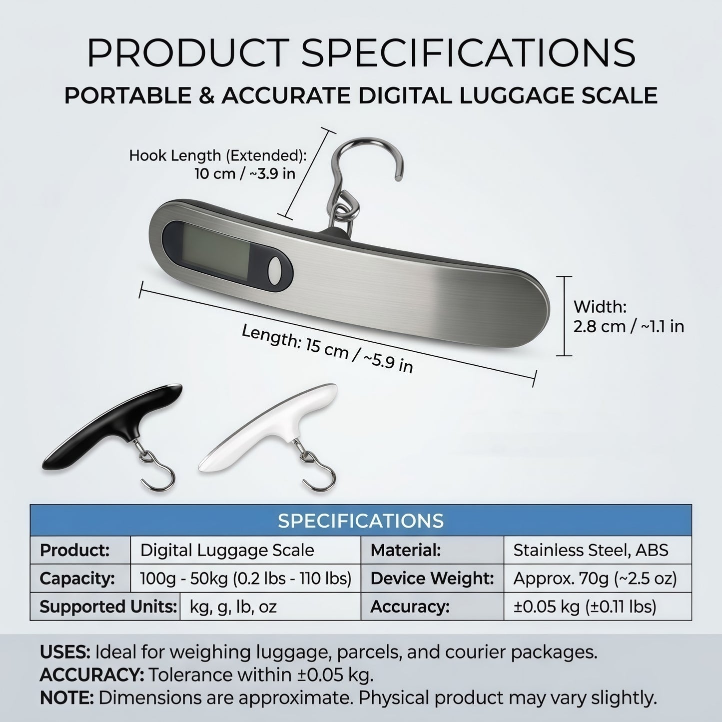 Portable Digital Luggage Scale - 110lbs/50kg Hanging Travel Weight Scale with Backlit LCD & Tare Function
