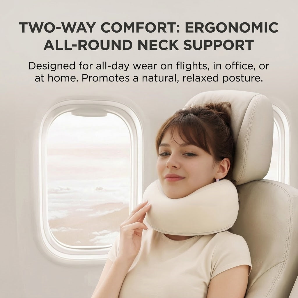 Ergonomic Memory Foam Travel Neck Pillow with Compact Hard Case, 3D Contoured Support, Washable Cover