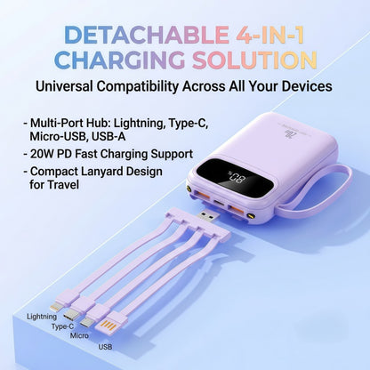 20W PD Fast Charging Portable Power Bank with Built-in Cables, LED Display & Flashlight
