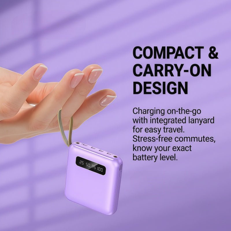 10,000mAh Ultra-Compact Portable Power Bank with 4-in-1 Built-in Cables & Dual LED Flashlight