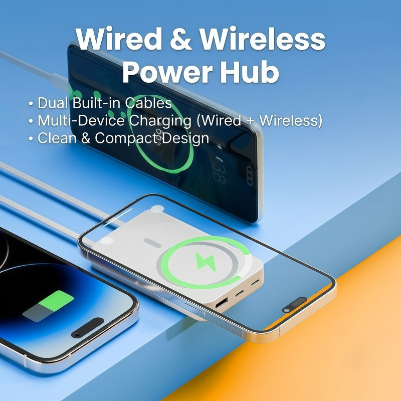 10000mAh Magnetic Power Bank with Built-in Cables & Foldable Kickstand – 22.5W Fast Charging Wireless Portable Charger