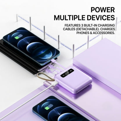 10,000mAh Ultra-Compact Portable Power Bank with 4-in-1 Built-in Cables & Dual LED Flashlight