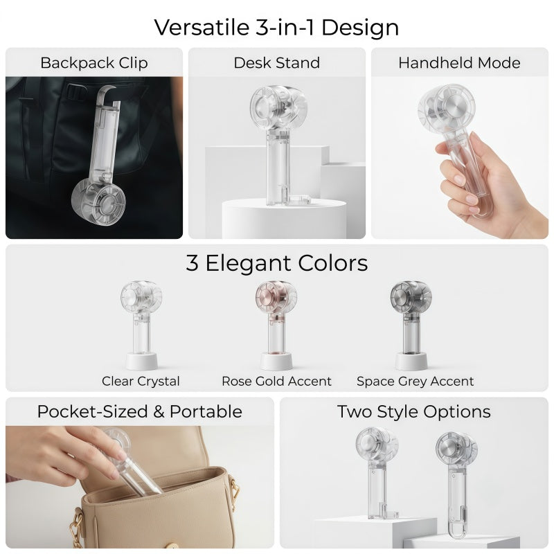 3-in-1 Portable Cyberpunk Mini Handheld Fan – Ultra-Quiet USB-C Rechargeable Personal Desk & Clip-On Fan with Cold Compress Feature