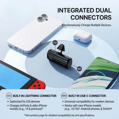 22.5W Ultra-Compact Mini Power Bank with Built-in Lightning & USB-C Connectors