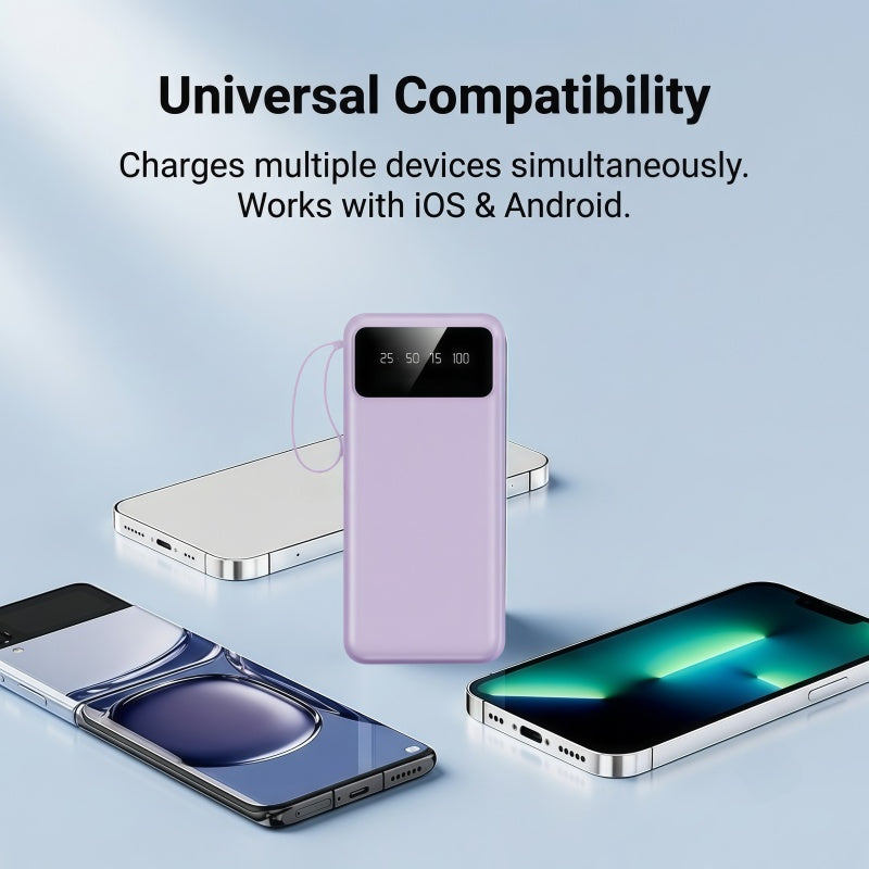 Portable Power Bank 10000mAh with Built-in Cables – 27W PD Fast Charging Travel Battery Pack with Digital LED Display