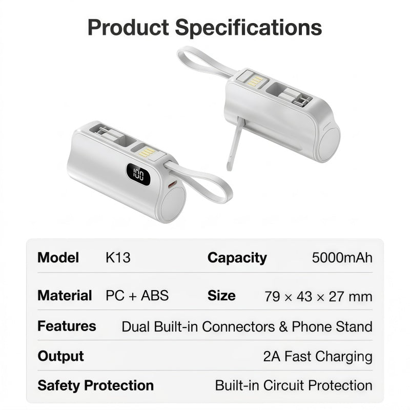 5000mAh Mini Portable Power Bank with Built-in Cables & Phone Stand