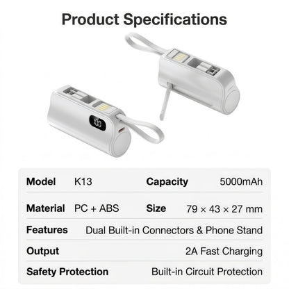 5000mAh Mini Portable Power Bank with Built-in Cables & Phone Stand