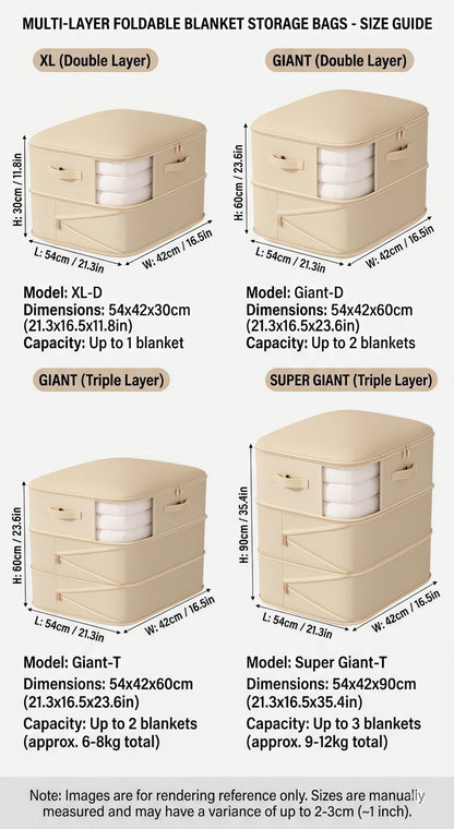 Multi-Layer Compressible Fabric Storage Bag with Air Valve and Window for Blankets Quilts, Multiple Sizes