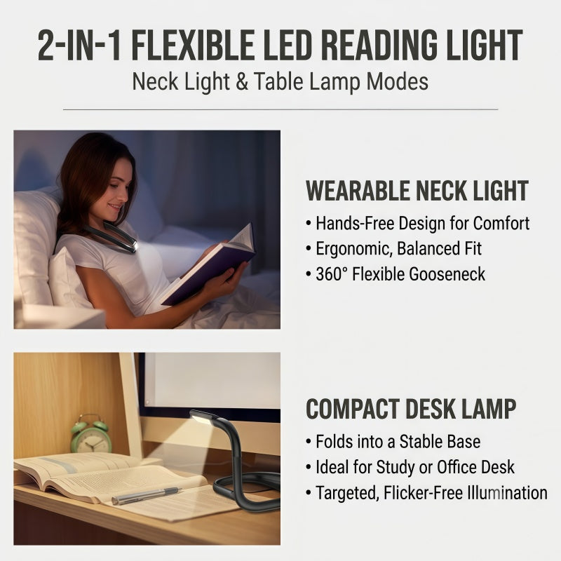 2-in-1 Flexible LED Neck Reading Light & Desk Lamp – Rechargeable, Stepless Dimming, 3 Color Temperatures