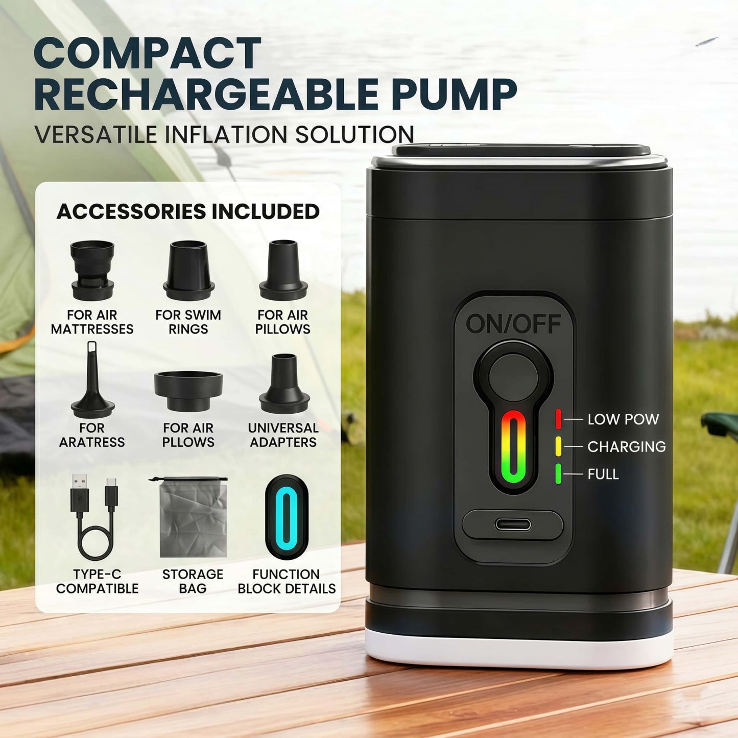 Portable Mini Air Pump - Rechargeable Electric Inflator & Deflator for Air Mattresses and Pool Floats - Black