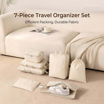 7-Piece Compression Packing Cubes Set for Travel, Water-Resistant Luggage Organizers - Beige