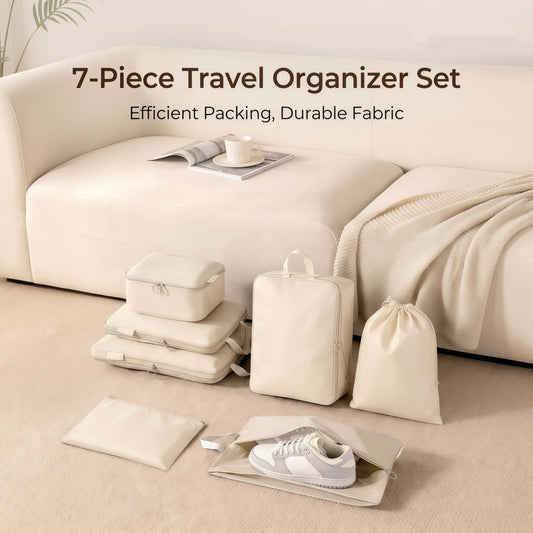 7-Piece Compression Packing Cubes Set for Travel, Water-Resistant Luggage Organizers - Beige