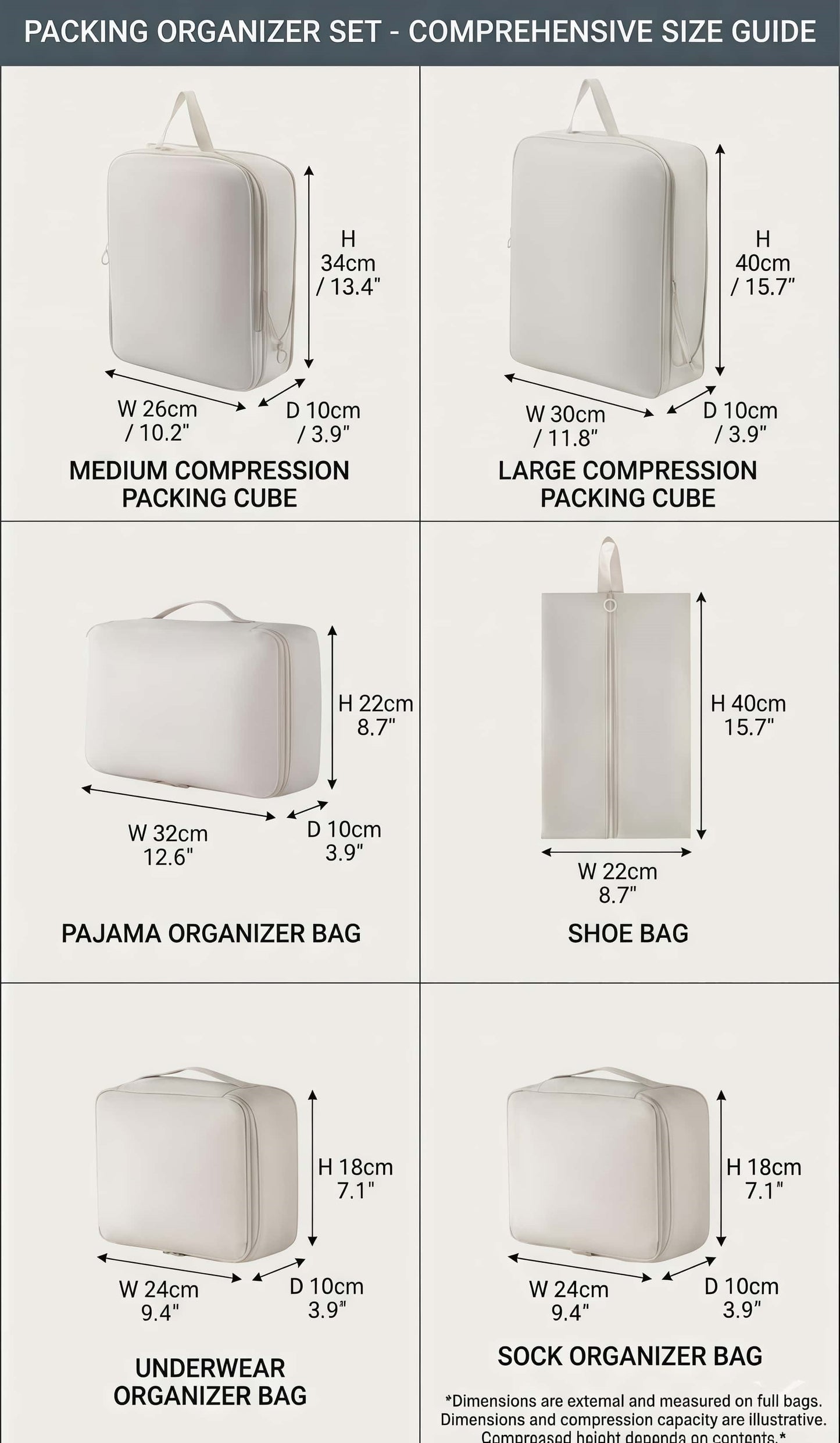 6-Piece Compression Packing Cubes Set - Water-Resistant Travel Luggage Organizers with Shoe Bag - Khaki