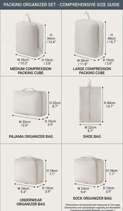 6-Piece Compression Packing Cubes Set - Water-Resistant Travel Luggage Organizers with Shoe Bag - Khaki