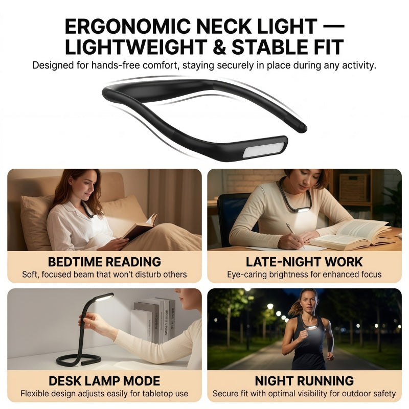 2-in-1 Flexible LED Neck Reading Light & Desk Lamp – Rechargeable, Stepless Dimming, 3 Color Temperatures