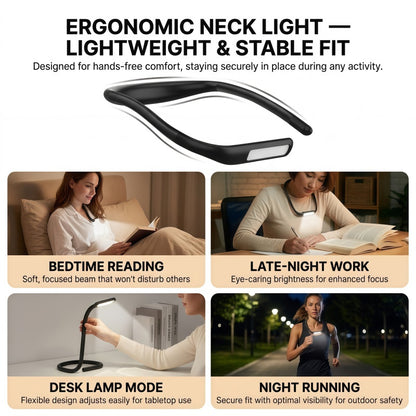 2-in-1 Flexible LED Neck Reading Light & Desk Lamp – Rechargeable, Stepless Dimming, 3 Color Temperatures