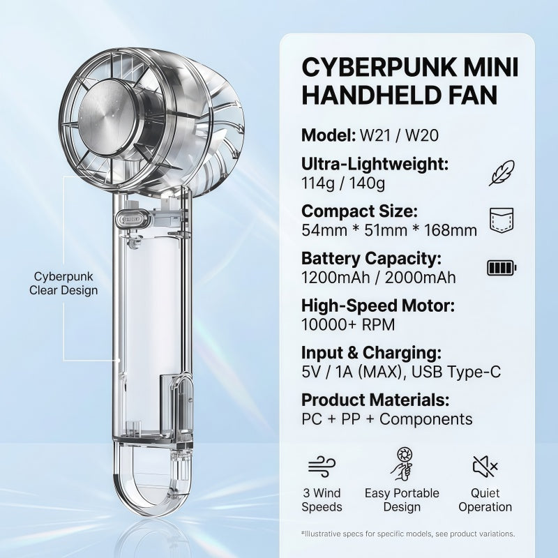 3-in-1 Portable Cyberpunk Mini Handheld Fan – Ultra-Quiet USB-C Rechargeable Personal Desk & Clip-On Fan with Cold Compress Feature