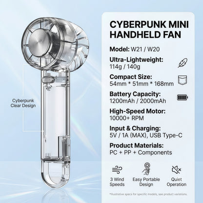 3-in-1 Portable Cyberpunk Mini Handheld Fan – Ultra-Quiet USB-C Rechargeable Personal Desk & Clip-On Fan with Cold Compress Feature