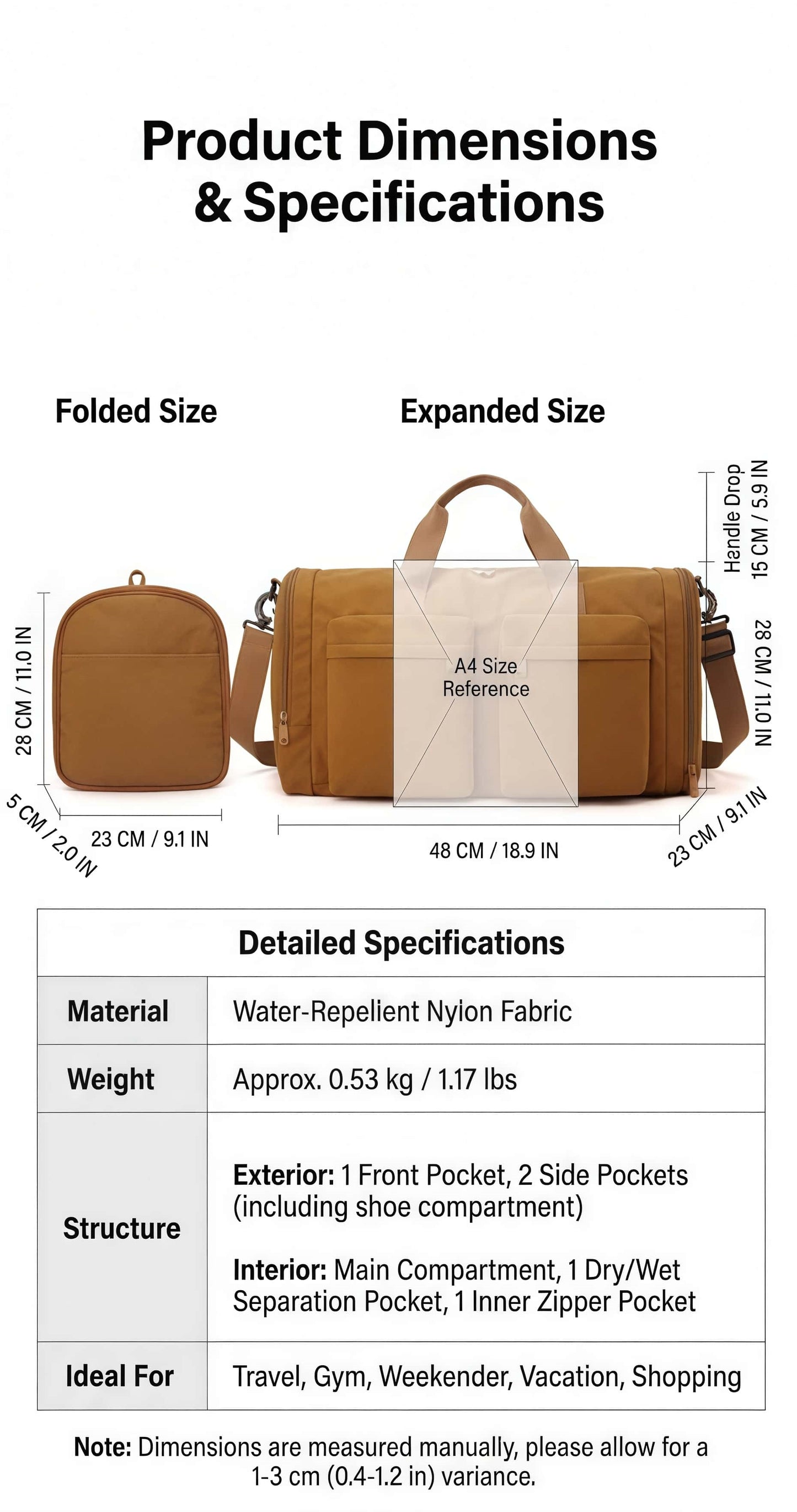 Foldable Travel Duffel Bag with Shoe Compartment & Wet Pocket, Water-Resistant Nylon Weekender Gym Bag