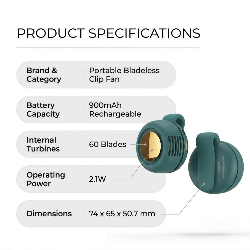Portable Bladeless Clip-On Fan – 360° Airflow Personal Wearable Pocket Fan