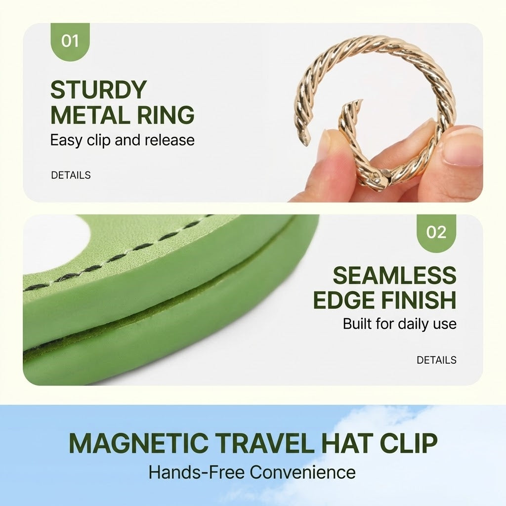 Magnetic Travel Hat Clip for Bag - PU Leather Hands-Free Hat Holder