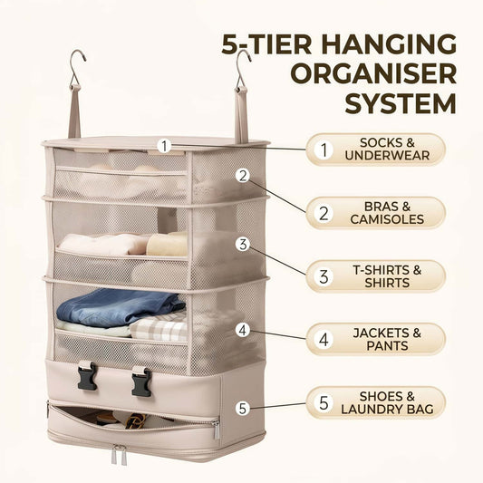 5-Tier Foldable Hanging Travel Packing Organizer | Portable Luggage Packing Cube & Closet System