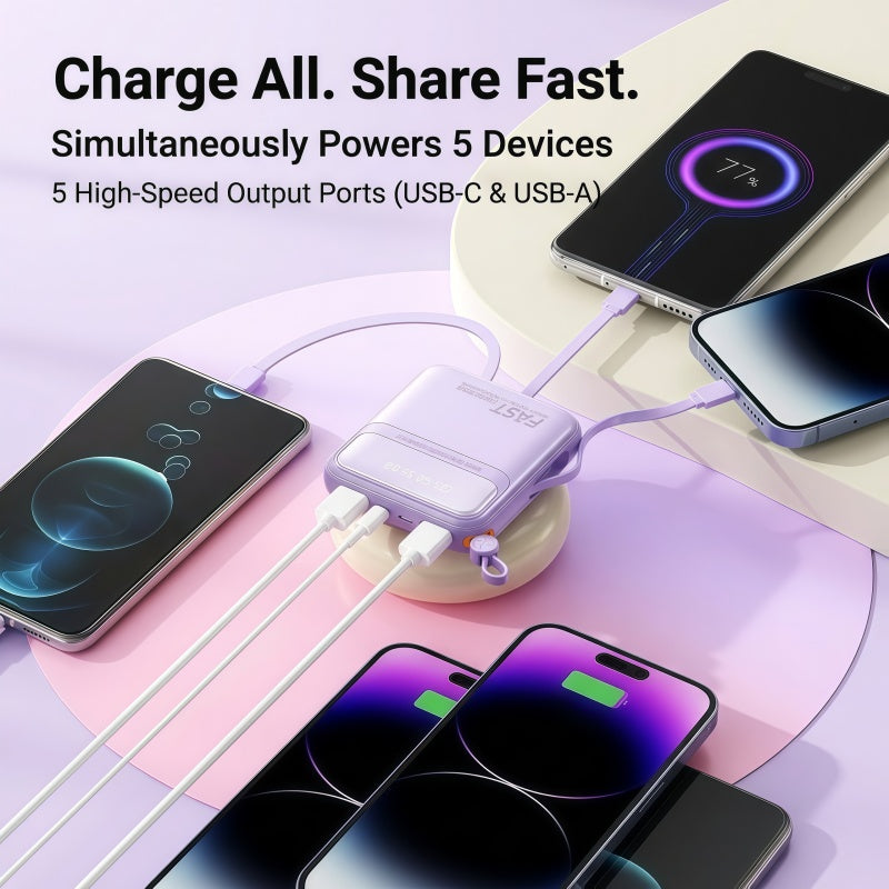 10000mAh Portable Power Bank with Built-in 4 Cables & Lanyard - Fast Charging Travel Battery Pack for iPhone, USB-C & Android