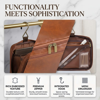 Large Capacity Hanging Toiletry Bag - Water-Resistant PU Leather Travel Organizer, 9.8" x 5.5" x 5.1"
