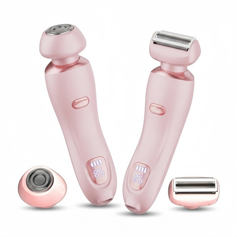 2-in-1 Women's Electric Shaver - Wet & Dry Rechargeable Hair Trimmer with LED Display & Interchangeable Heads, IPX6 Waterproof (Rose Gold)