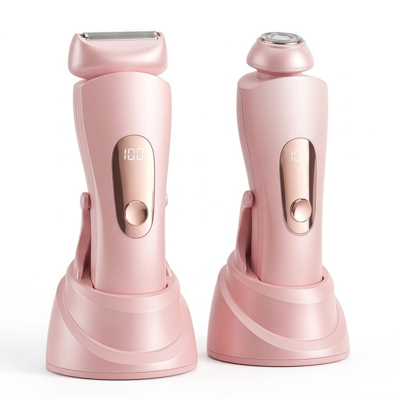 Women's 2-in-1 Rechargeable Electric Shaver & Hair Trimmer with LED Display, IPX7 Waterproof - Pink