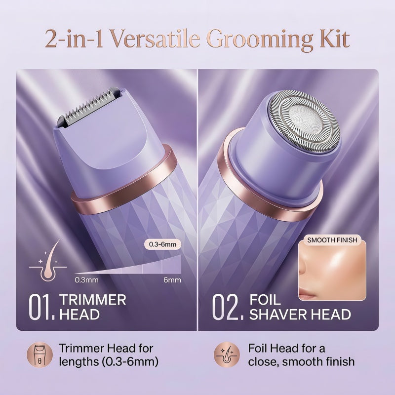 Women's 2-in-1 Electric Shaver & Hair Trimmer - IPX7 Waterproof, Cordless Wet/Dry Grooming Kit