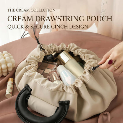 Vegan Leather Drawstring Makeup Bag - Lay-Flat Travel Cosmetic Organizer Pouch, Khaki