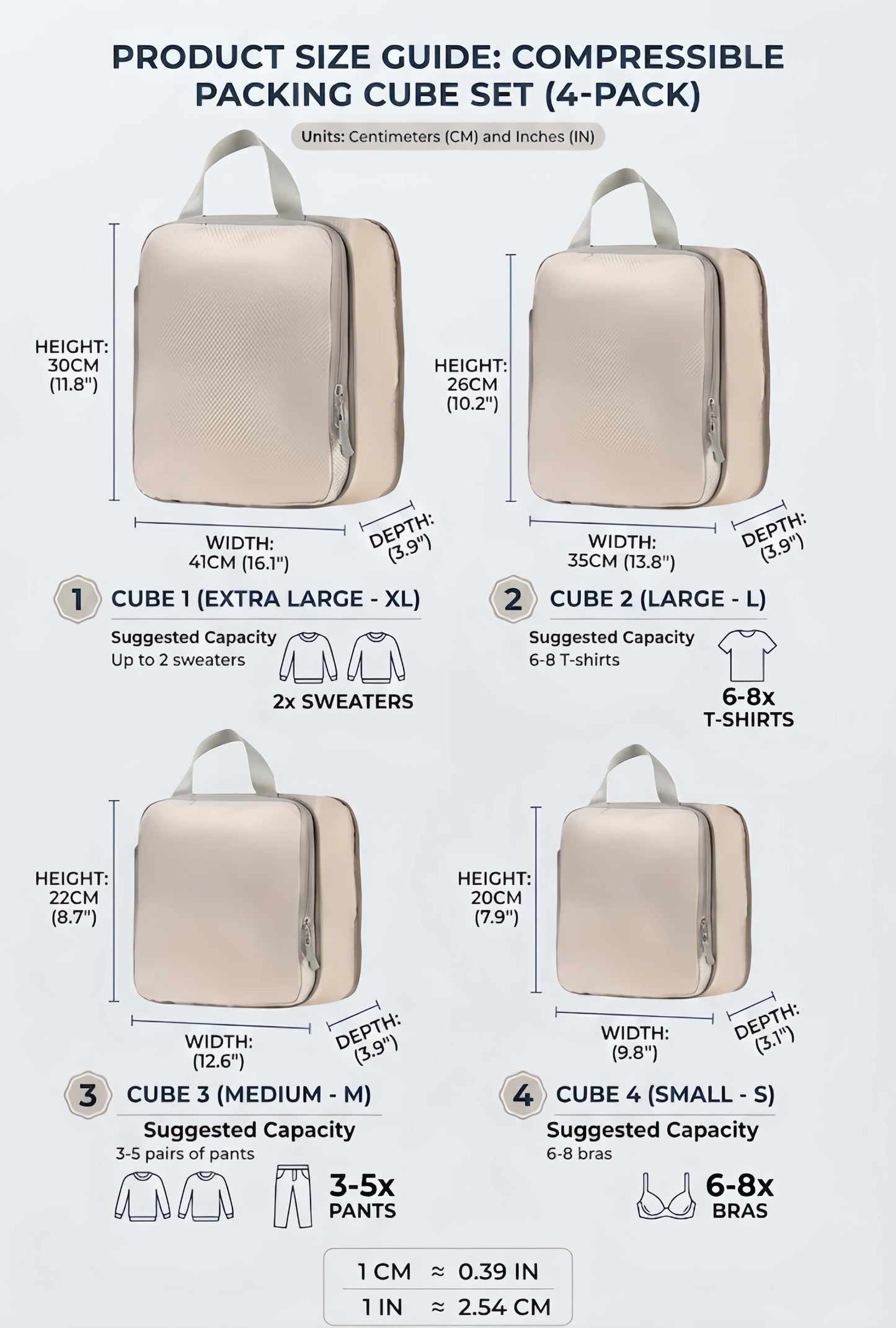 4-Piece Compression Packing Cube Set, Water-Resistant Travel Luggage Organizers - Khaki