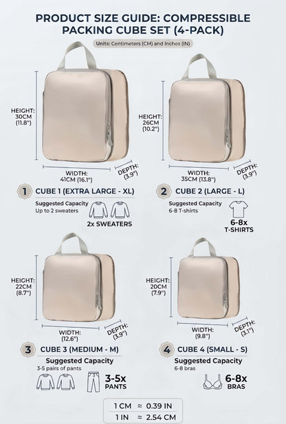 4-Piece Compression Packing Cube Set, Water-Resistant Travel Luggage Organizers - Khaki