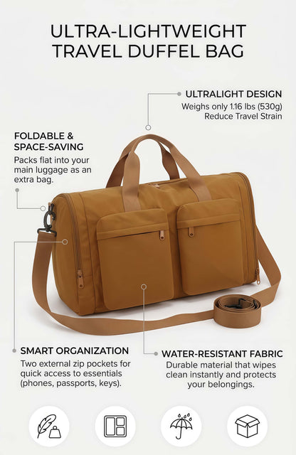 Foldable Travel Duffel Bag with Shoe Compartment & Wet Pocket, Water-Resistant Nylon Weekender Gym Bag